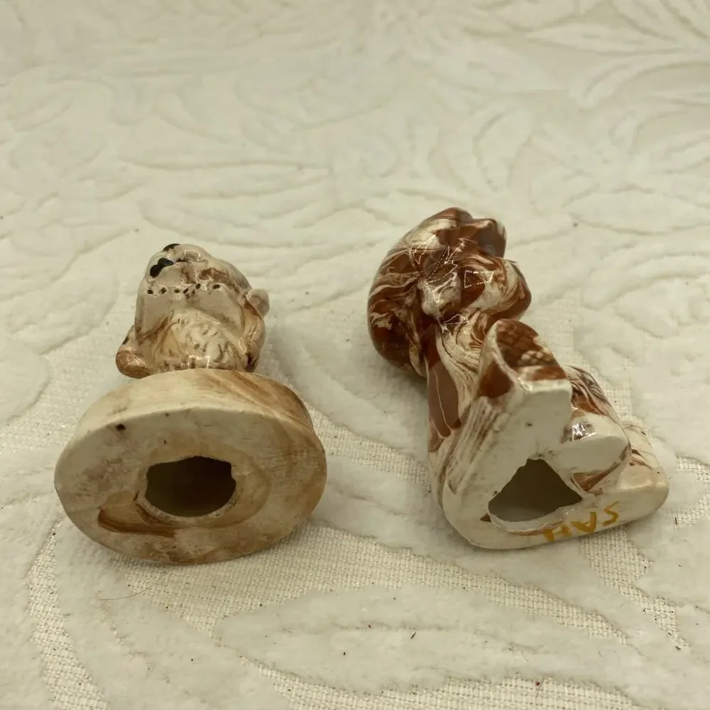 Handmade Glazed Boy with Little Dog Figurines Brown Swirl 2.5” Tall